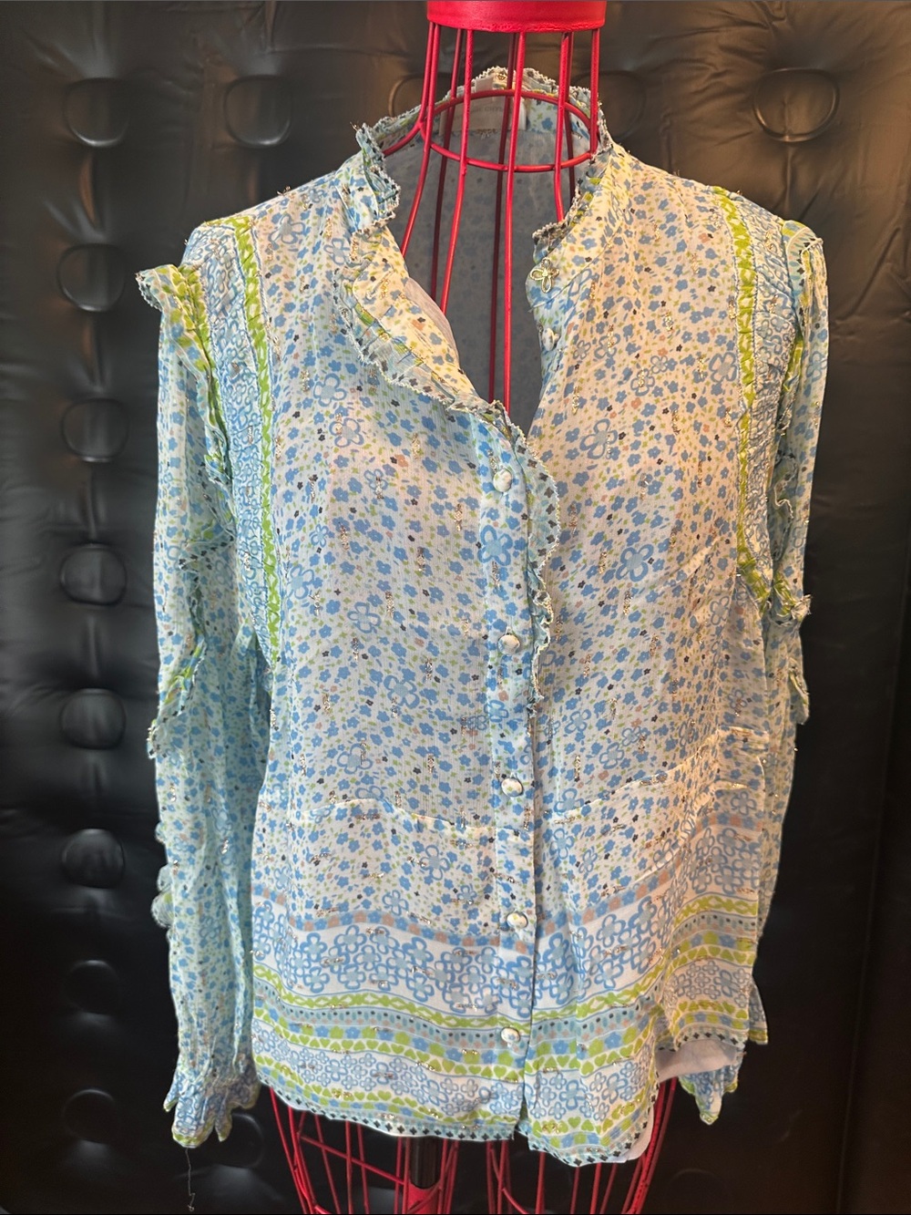 Light Blue Floral Ruffle Button-Front Blouse